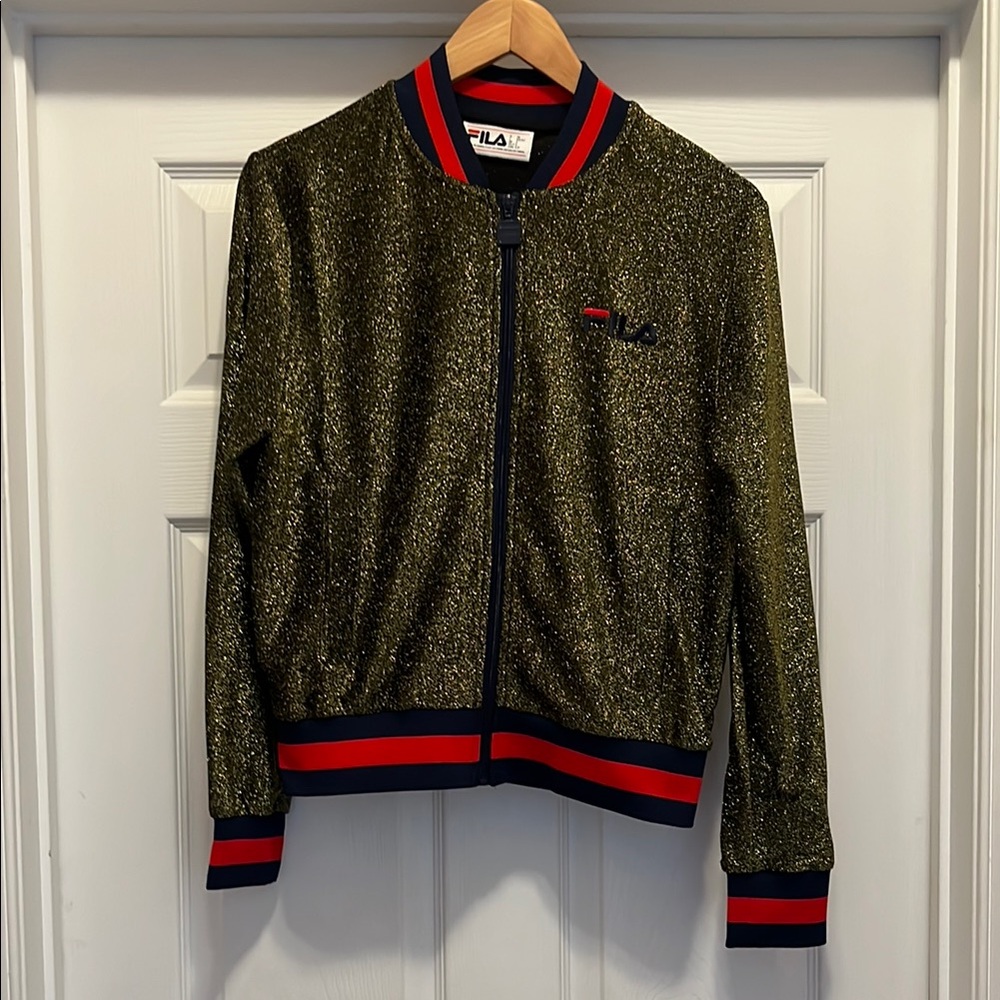 NWT Fila Glittery Gold Bomber Jacket with Red and Navy Accents